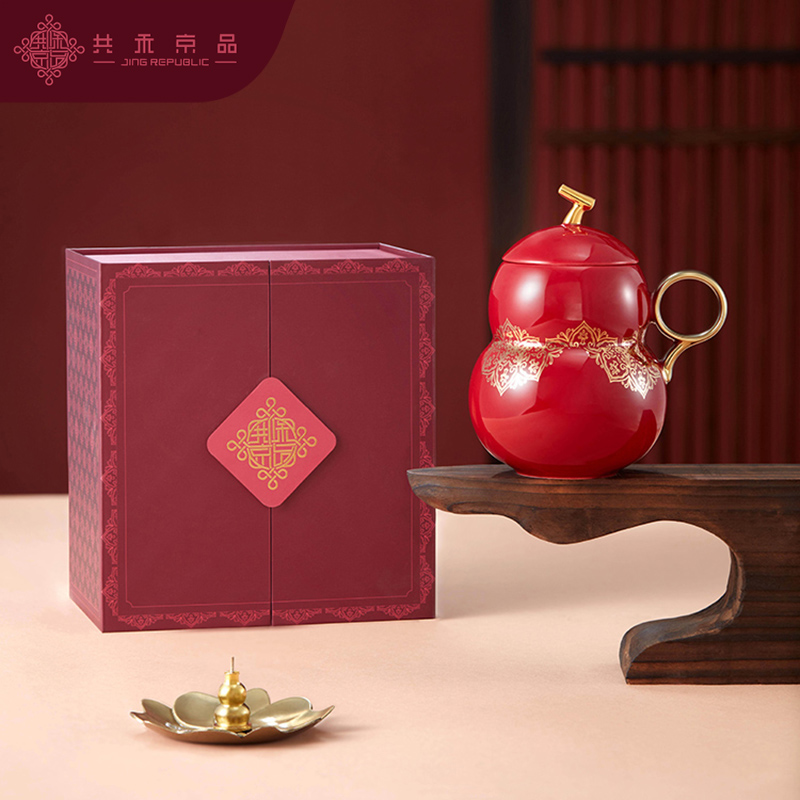 共禾京品福禄寿葫芦陶瓷马克杯水杯带盖办公室茶杯红色 zfwacom210054